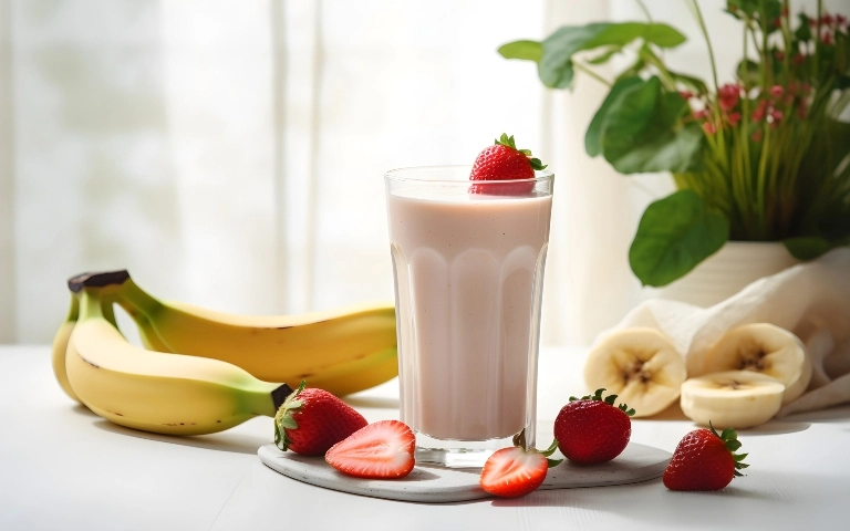 Batido de frutas con leche en un vaso, rodeado de fresas, banana y mango.